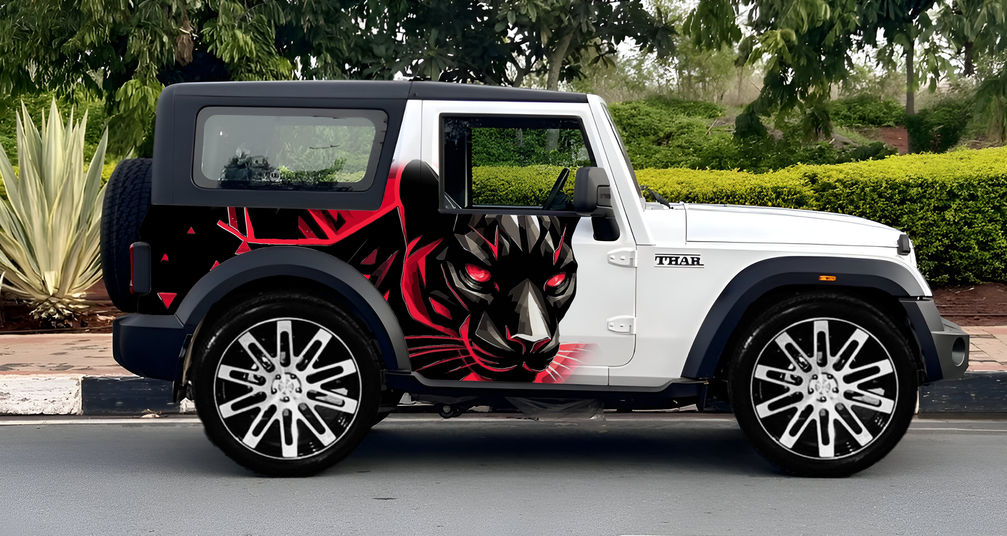 Motorik Red & Black Panther SUV Car Side Graphic for Mahindra Thar (Both Side)