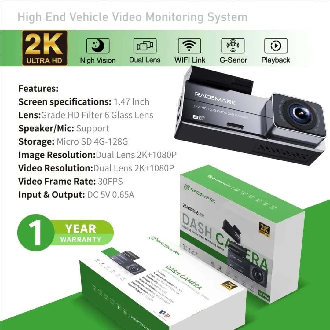 RACEMARK 2K Dual Lens Dash Camera