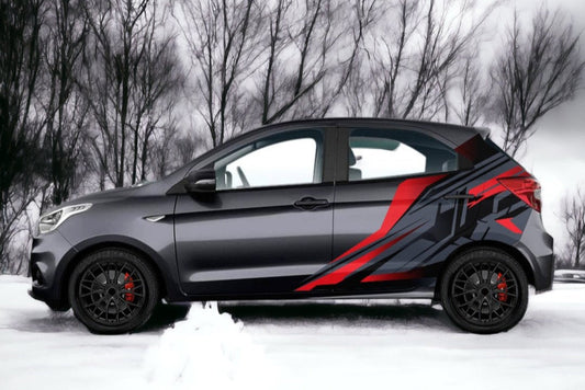 Hatchback Car Side Graphics featuring an abstract car Graphic hatchback design in red and black colors