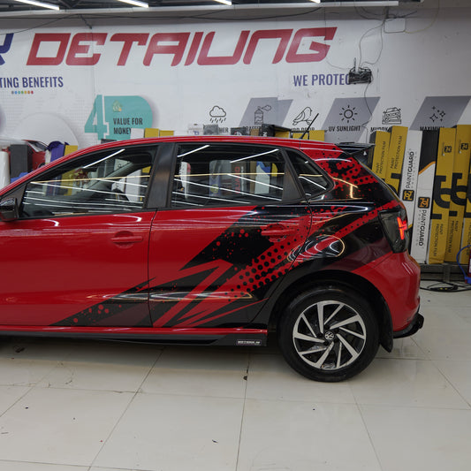 Abstract Hatchback car side graphics on a sleek red vehicle for a stylish look