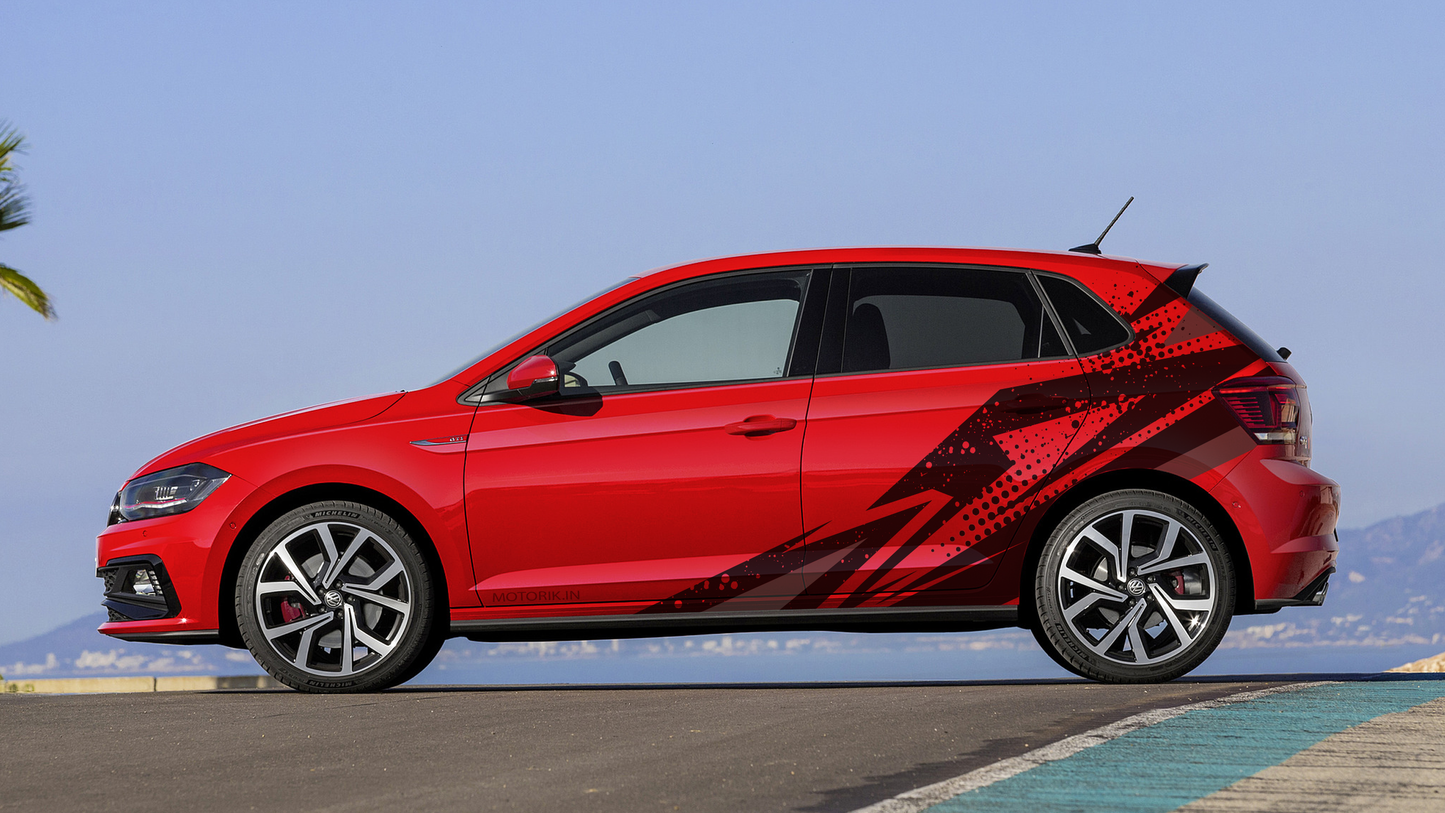 Abstract Hatchback car side graphics in red and black on a sporty hatchback vehicle