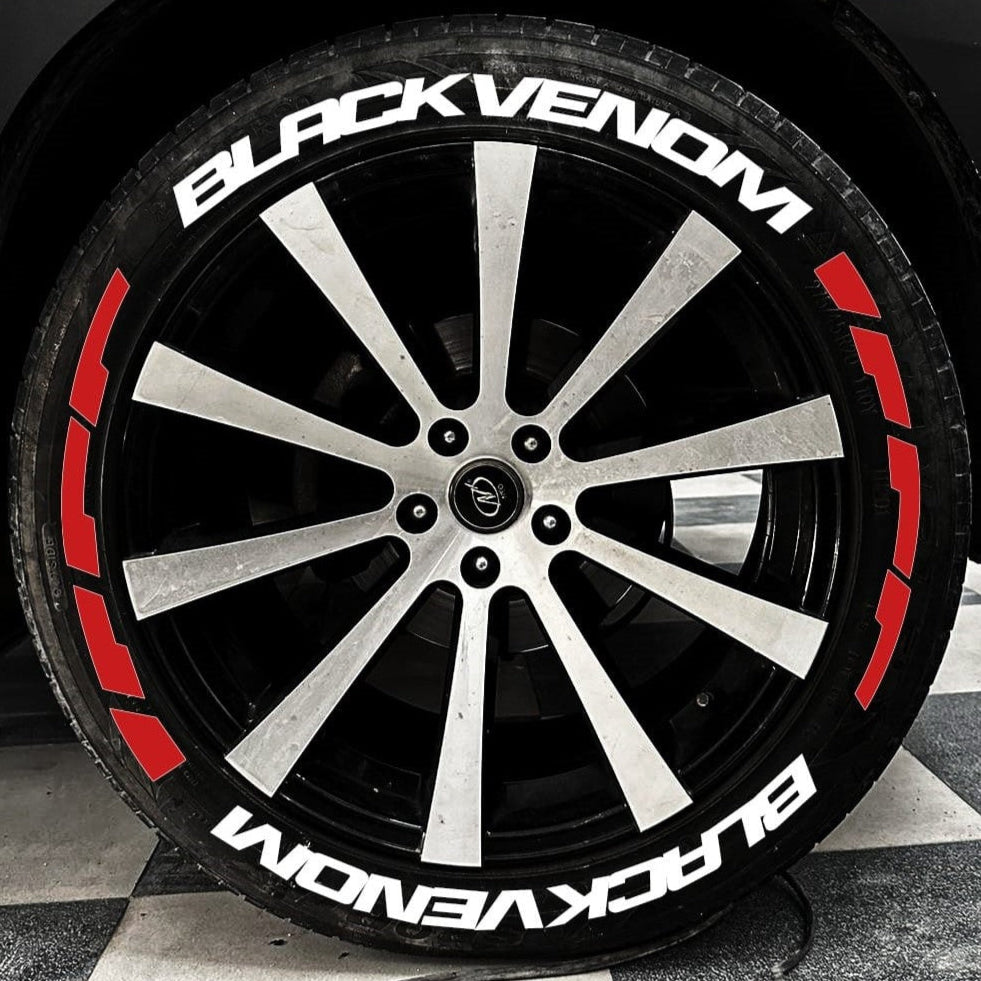 Black Venom Tyre Stickers on stylish alloy wheel for enhanced vehicle appearance