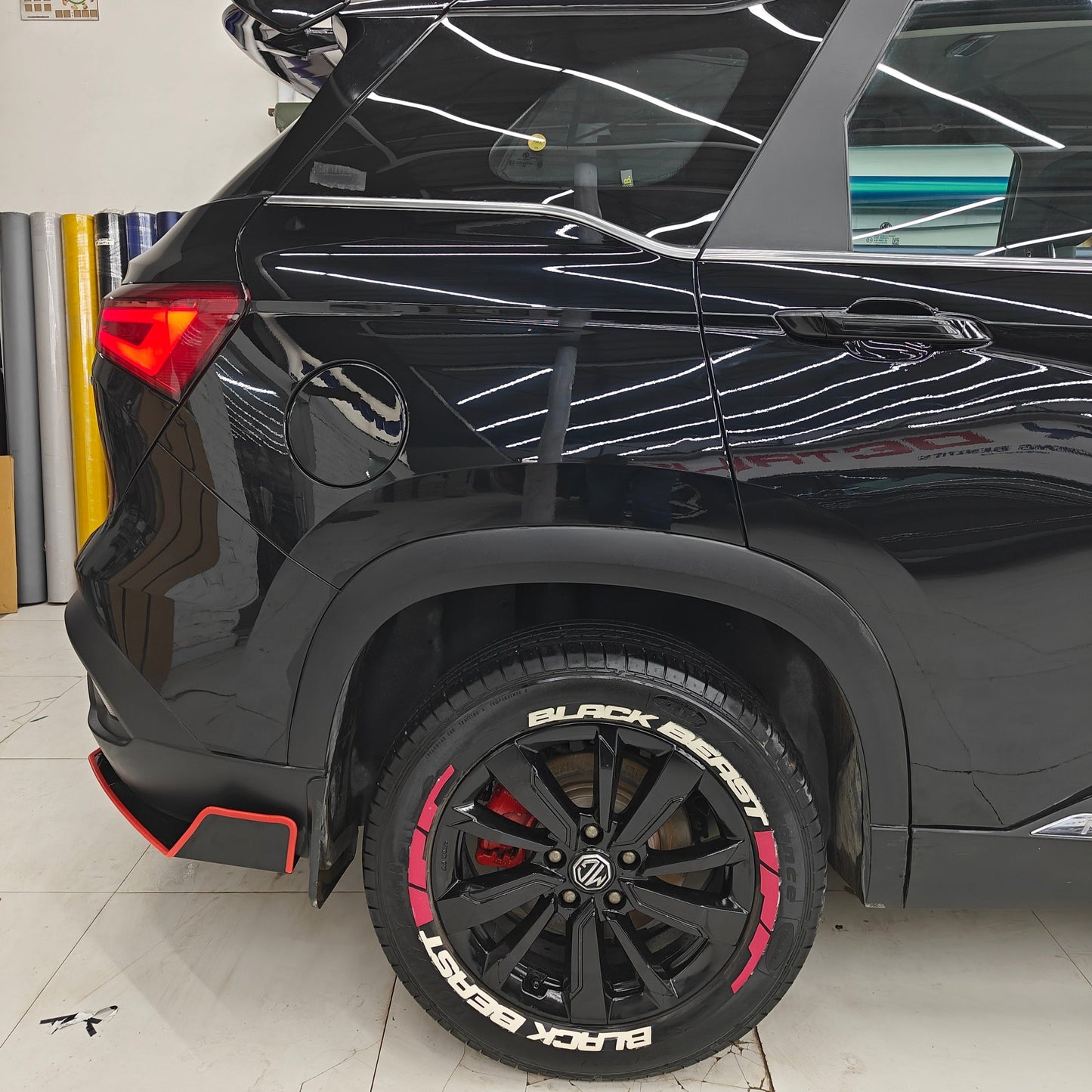 BlackBeast tyre Stickers on a modern SUV in sleek black finish for enhanced styling