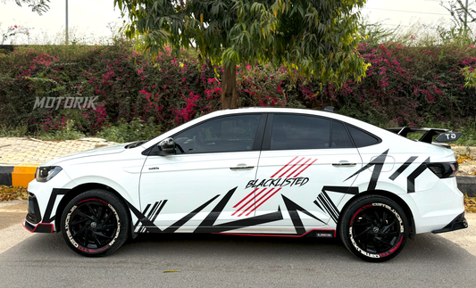 Sleek white sedan with blacklisted sedan side graphics for a bold and stylish appearance