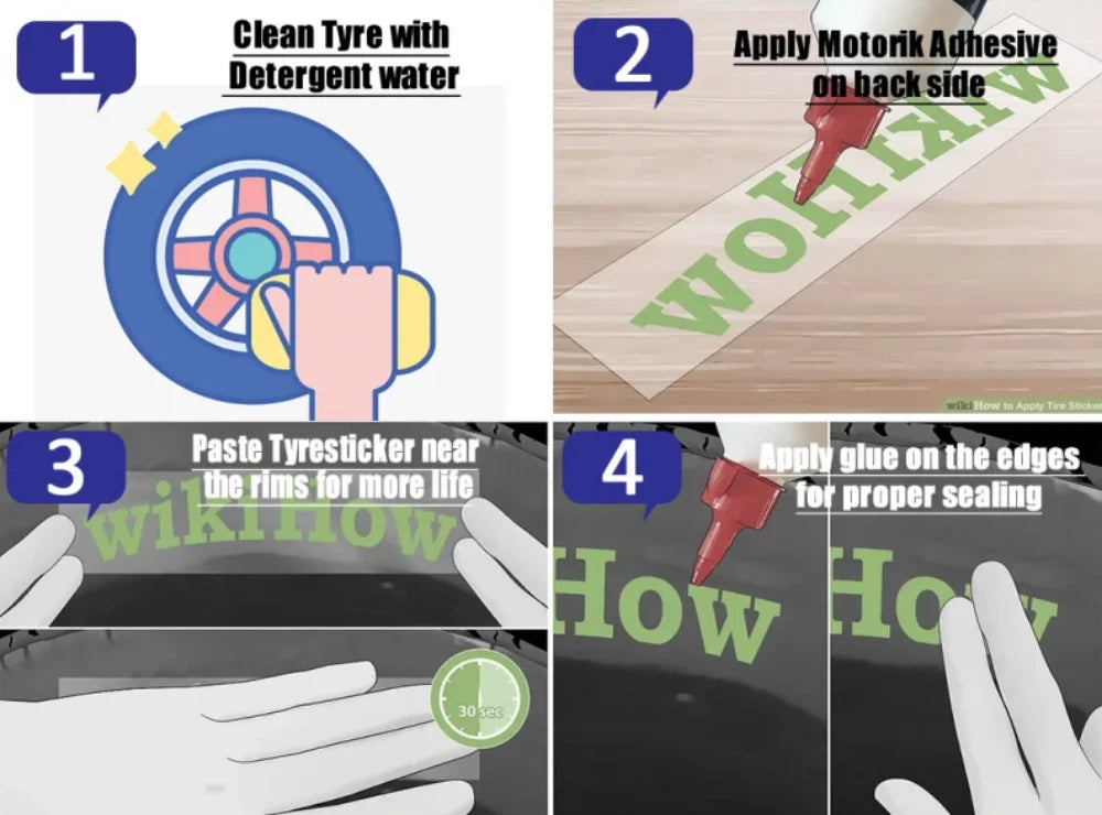 Blacklisted tire stickers installation guide showing adhesive application and proper adhesion process