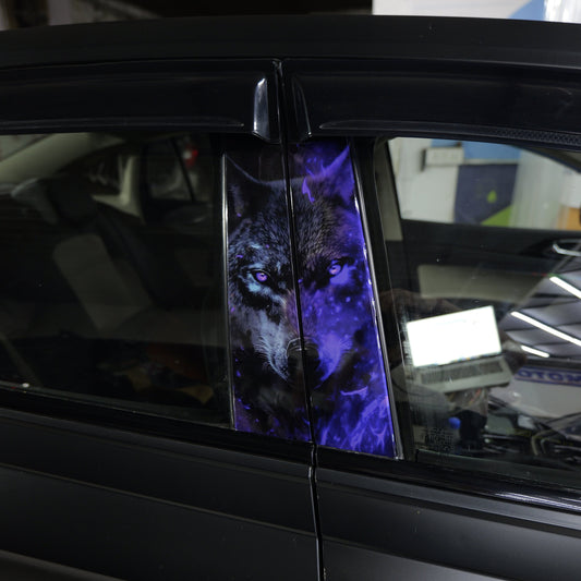 Blue Wolf B-Pillar graphics on a car's B-pillar, featuring a striking wolf design