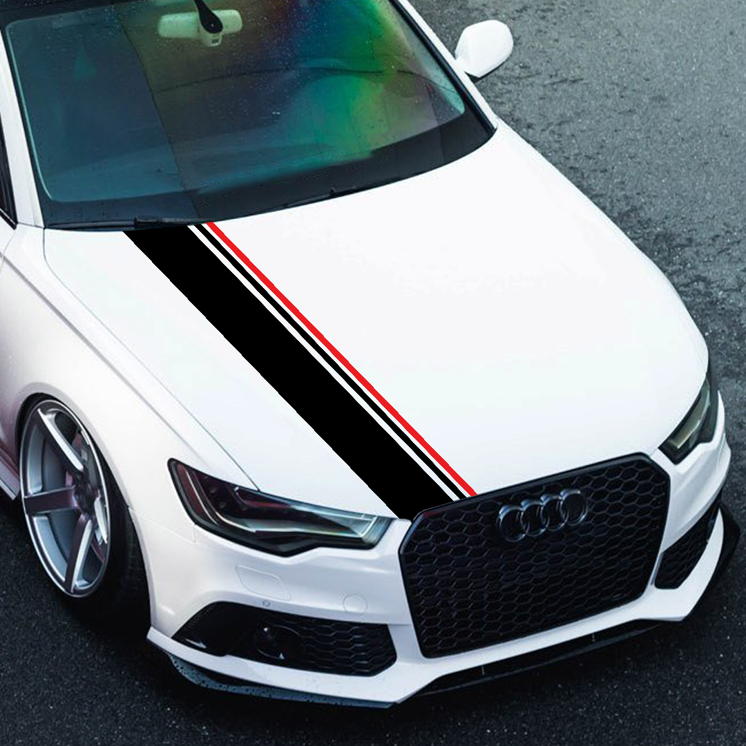 Motorik Black with Red & White Strips Car Bonnet Graphic