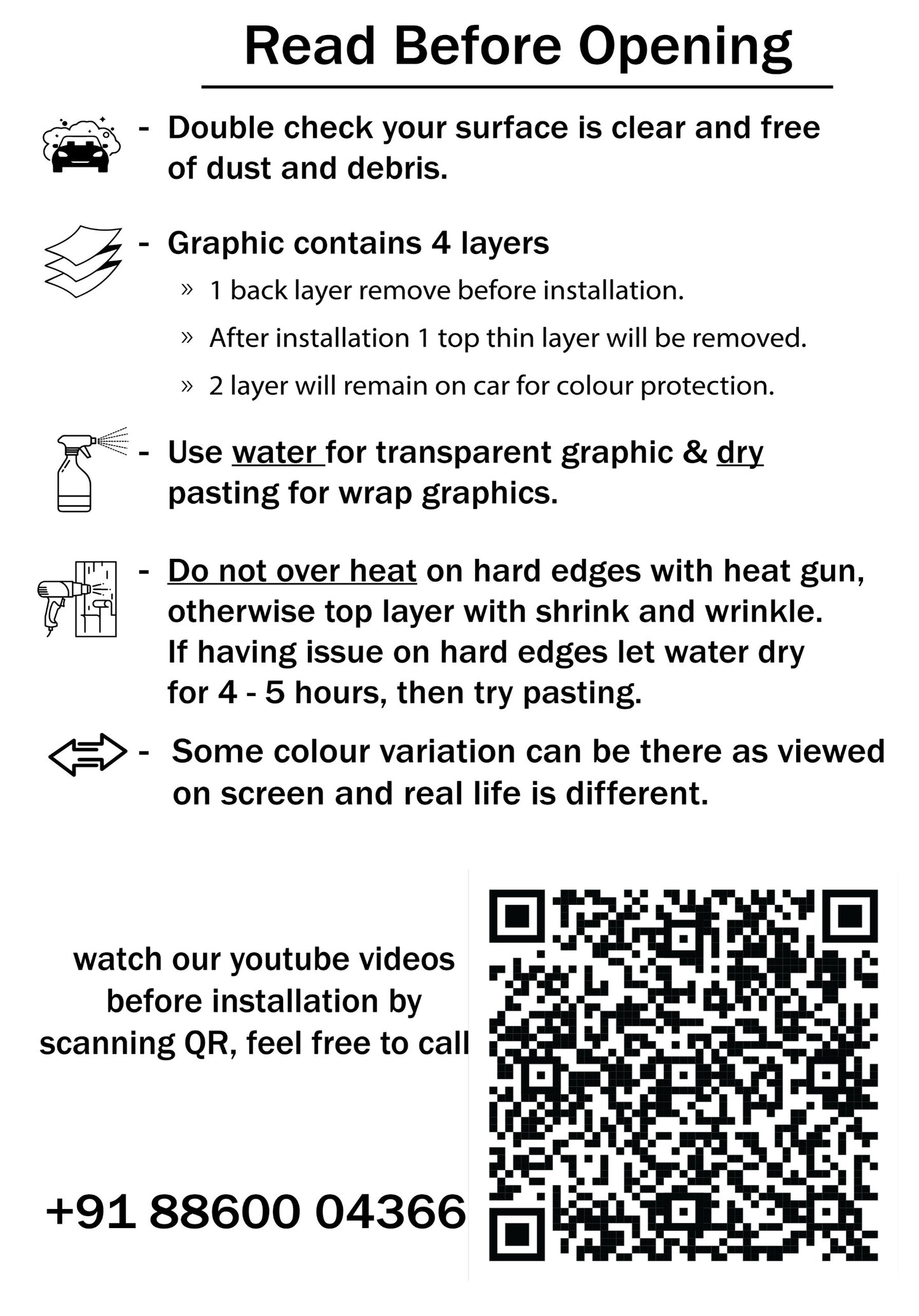Bull graphics SUV car stickers installation guide with care instructions and contact details for Motorik Detailing
