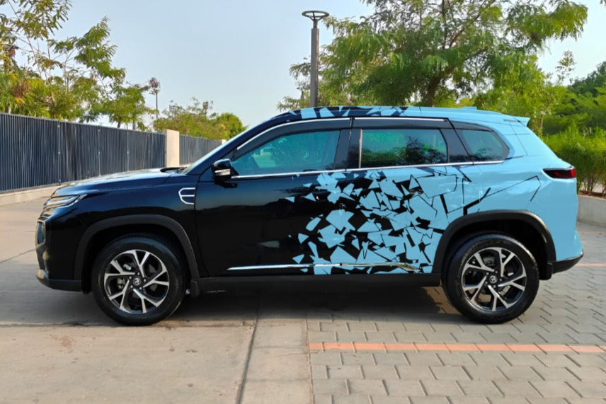 Hatchback Car with car distortion graphics Hatchback Car featuring a striking blue and black design