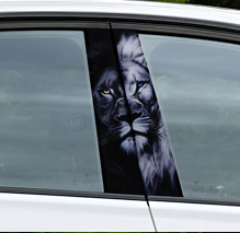 Car lion graphics featuring a striking lion design on a vehicle window for a bold look
