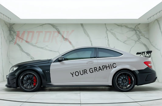 Custom car side graphics on a sleek sedan featuring a stylish design for unique personalization