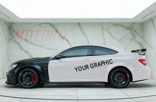 Custom side and rear car decals showcased on a sleek black and white car model