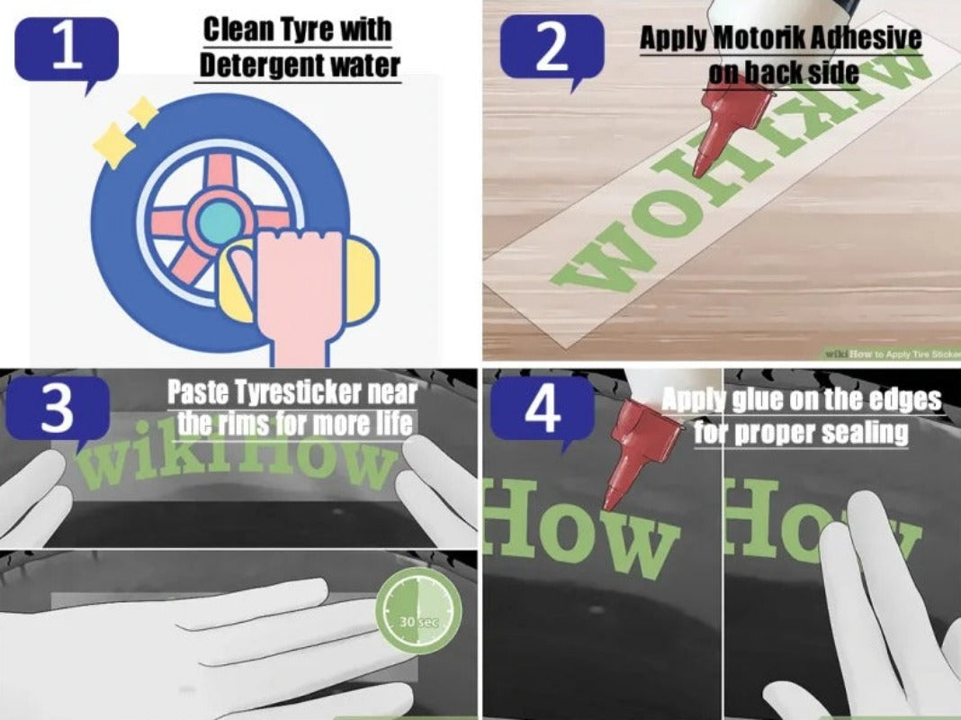 Custom tire stickers set installation guide showing cleaning, applying adhesive, and pasting tire stickers