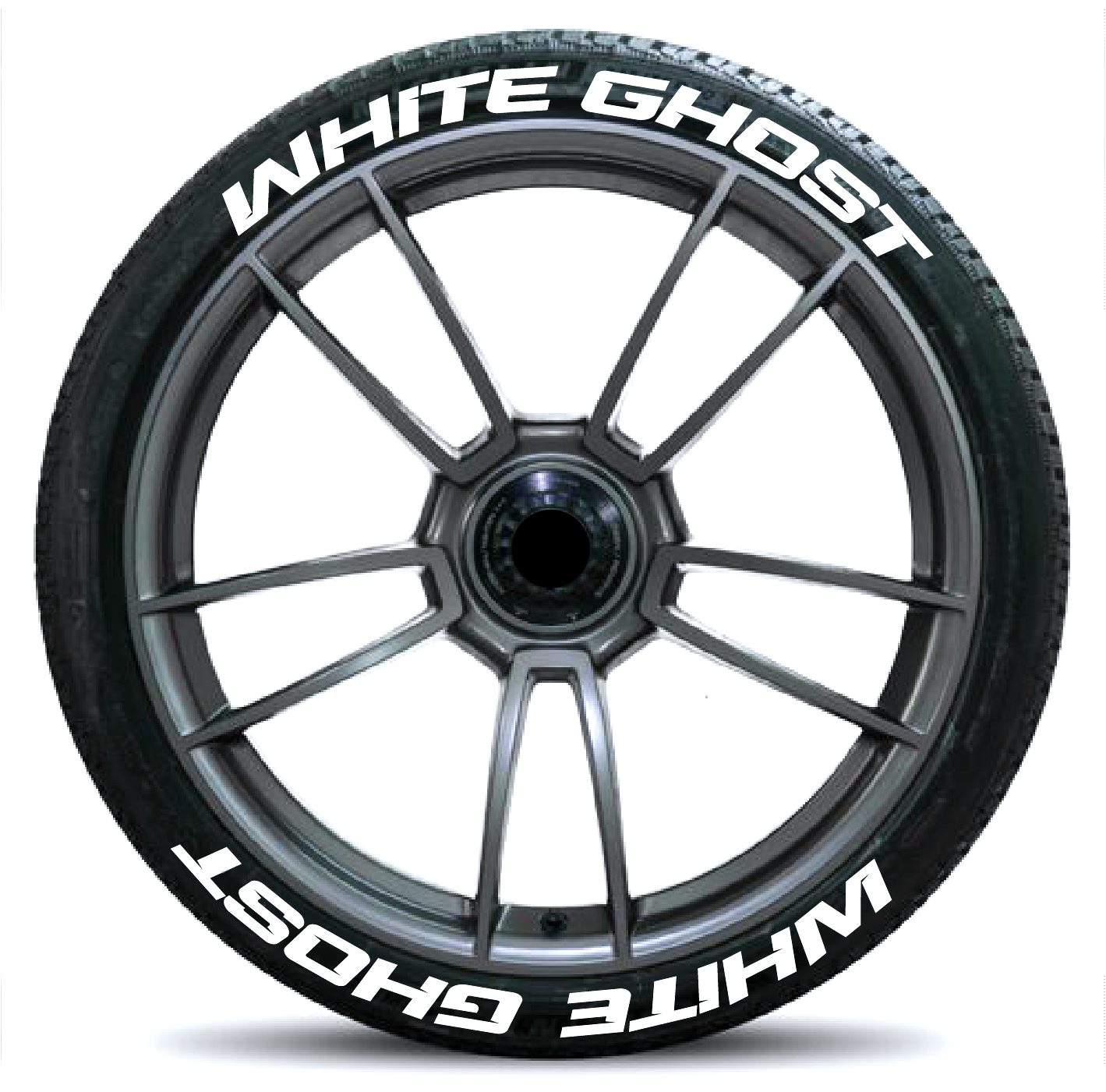 Custom tire stickers set featuring White Ghost text on a sleek alloy wheel