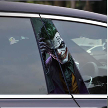 Dark villain car graphics featuring a Joker design on a car window for striking visuals