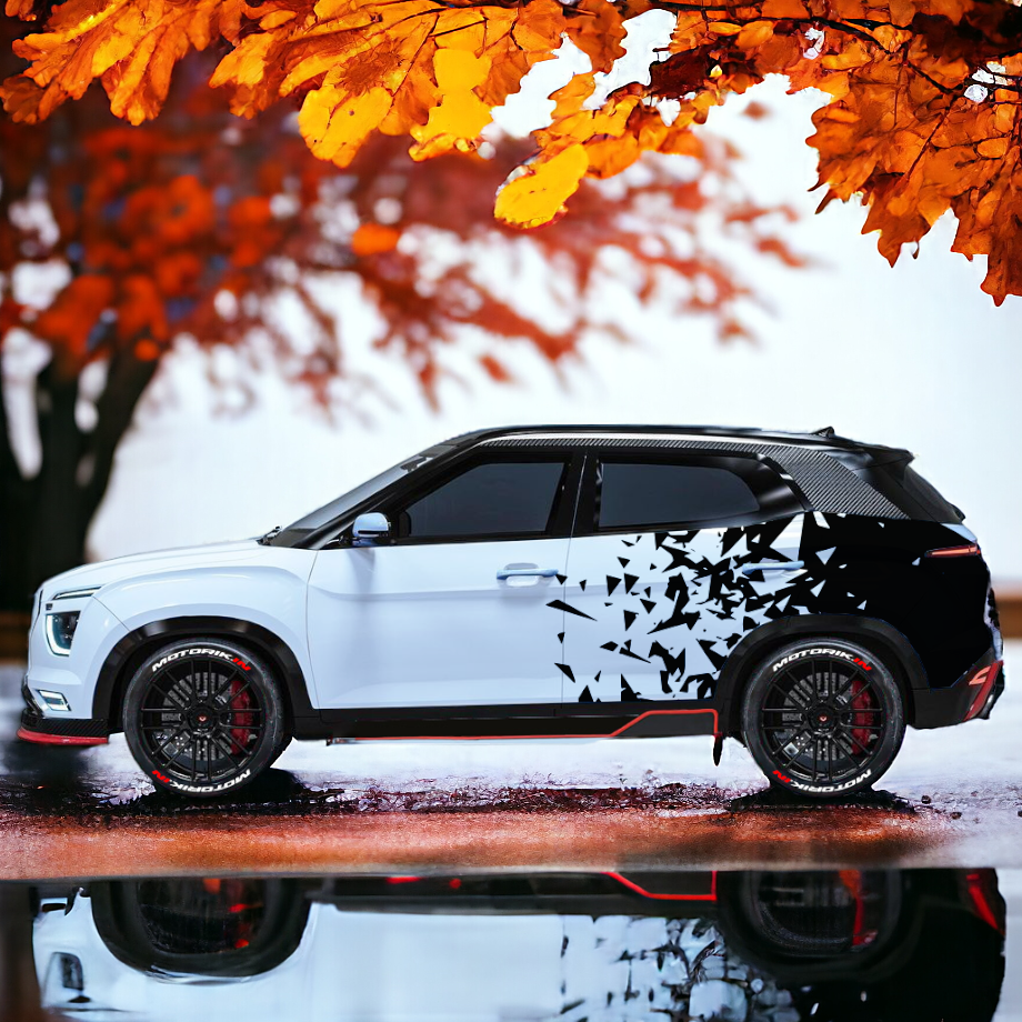 Stylish car featuring diamond cut car graphics with a dynamic design in black and white
