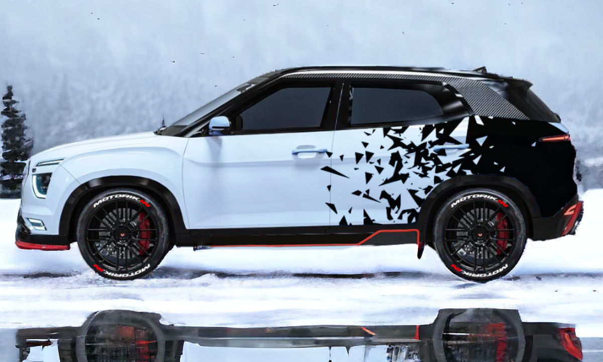 Stylish vehicle featuring diamond cut car graphics for a modern and striking look