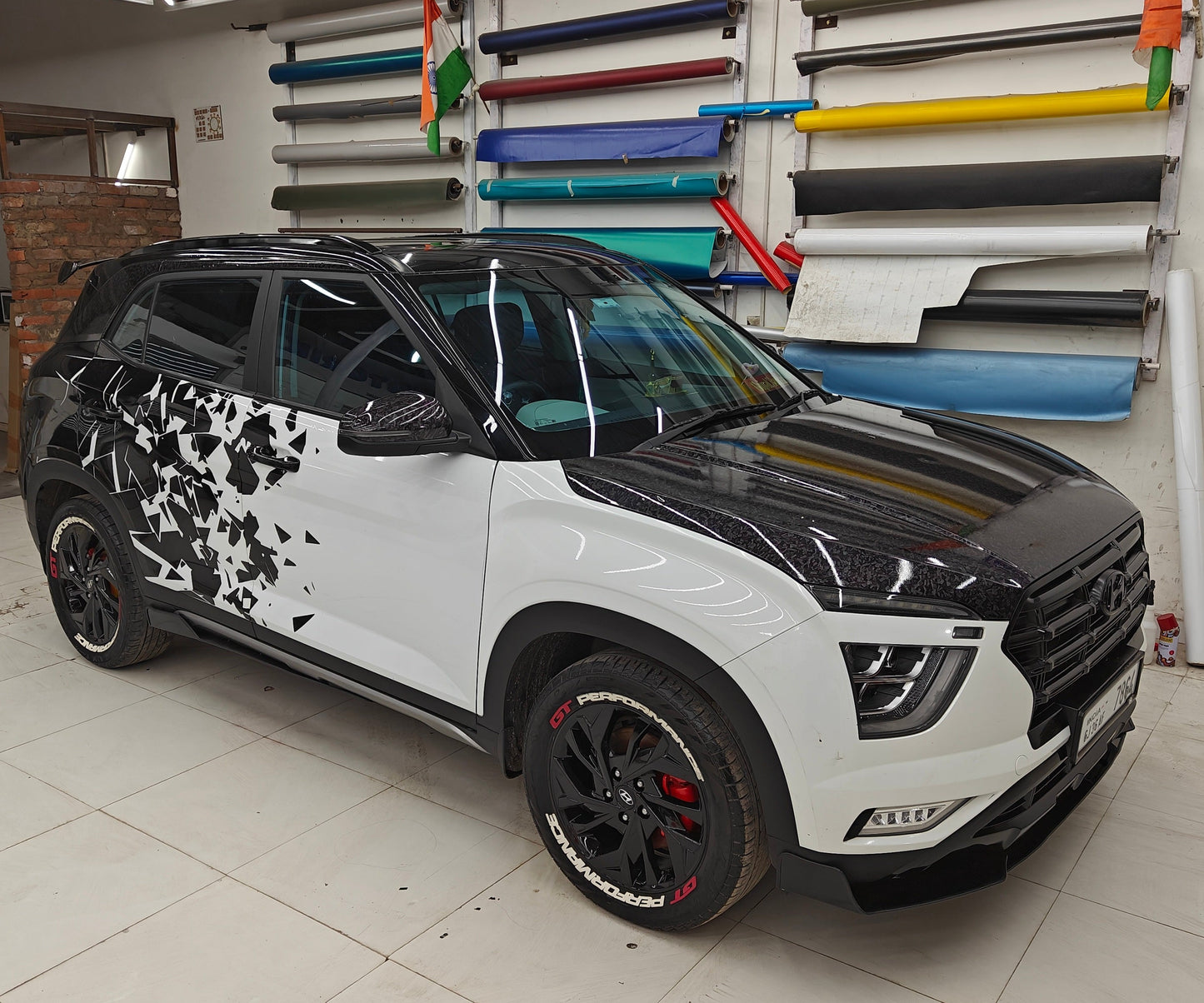 Stylish vehicle with distortion car graphics showcasing a unique design and modern detailing