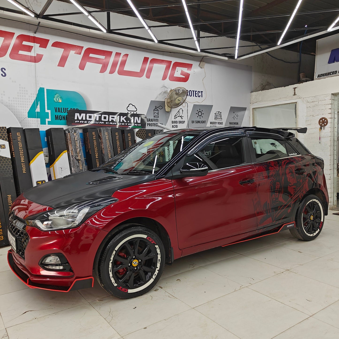 Custom GT Racing tire stickers on a modified car for enhanced style and performance