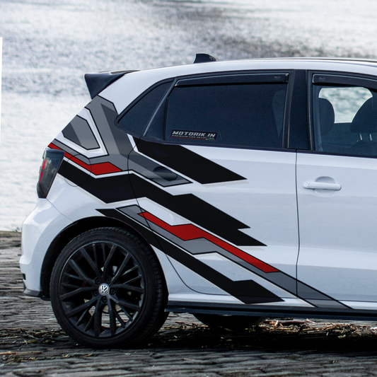 Hatchback car abstract side graphics in red and black for stylish vehicle customization