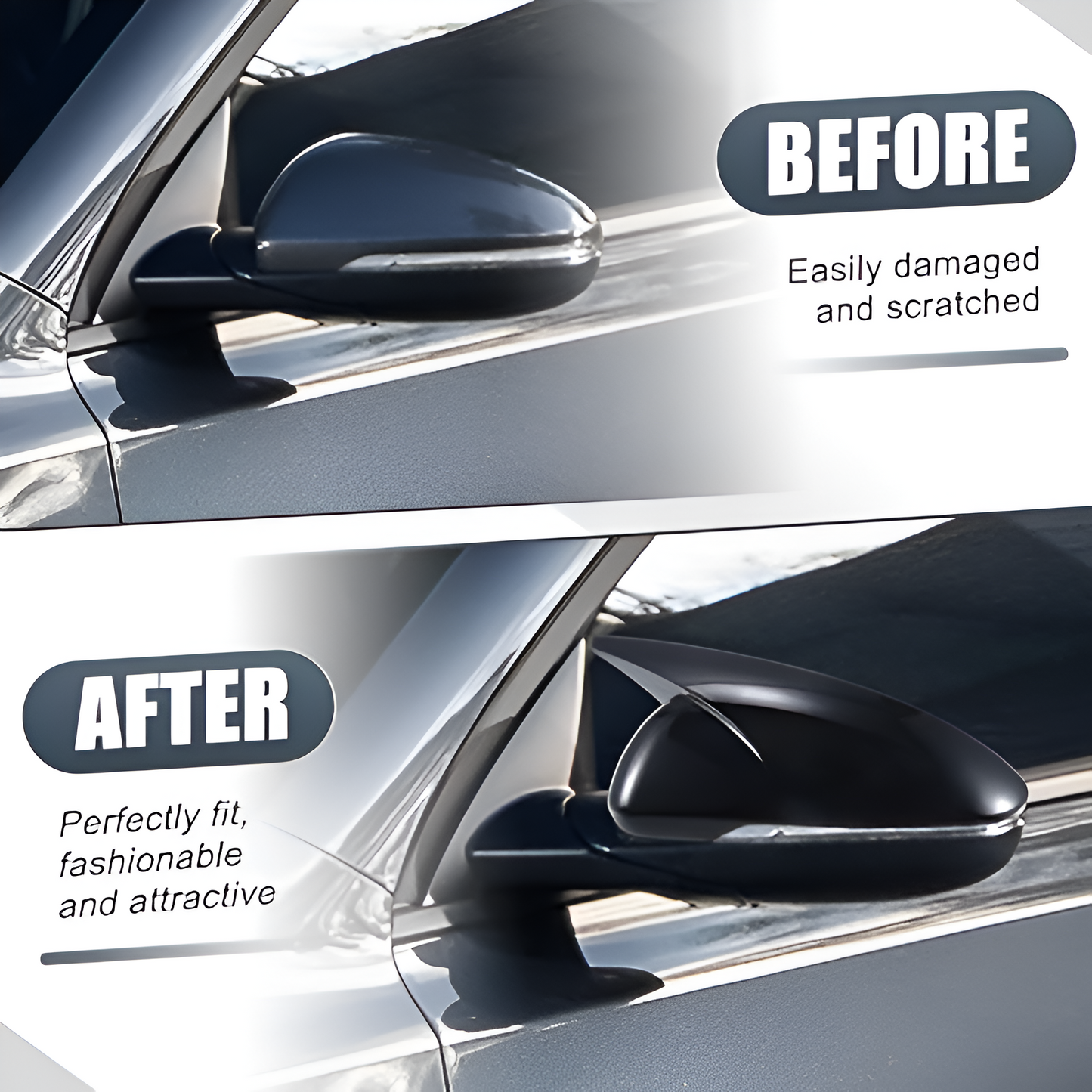 Hyundai Verna 2023 mirror cover showing before and after installation effects for improved style and protection