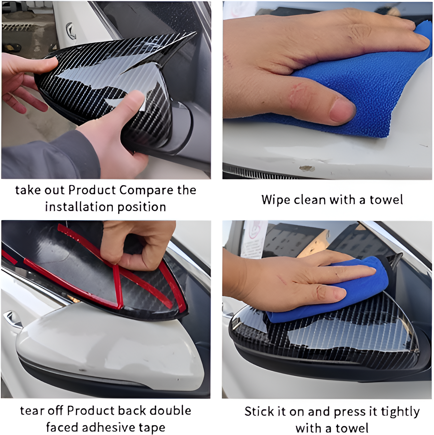 Installation process for Hyundai Verna mirror cover with adhesive tape and cleaning towel