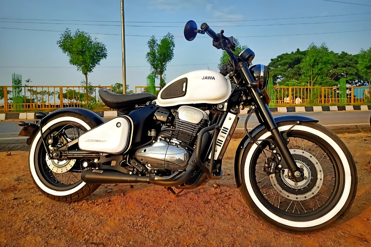 Jawa motorcycle featuring bike tyre stickers permanent for enhanced style and durability on the road
