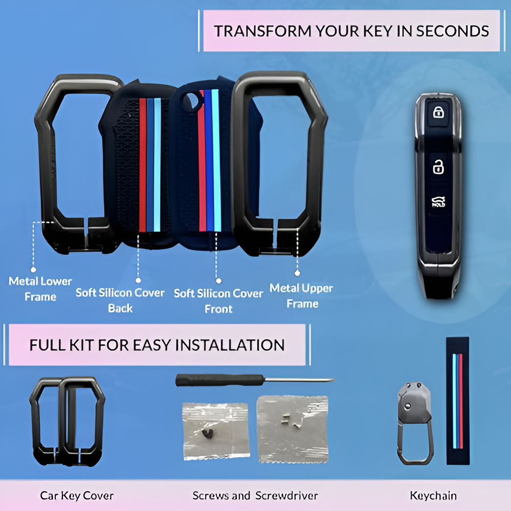 Kia Seltos key cover 2023 kit with metal frames and silicone covers for easy installation