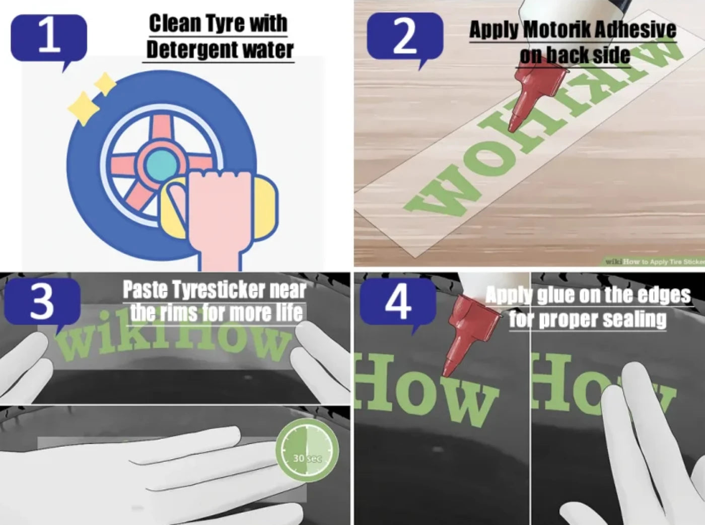 Blacklisted Car Tyre Stickers application steps: clean, apply adhesive, paste, and seal edges for durability