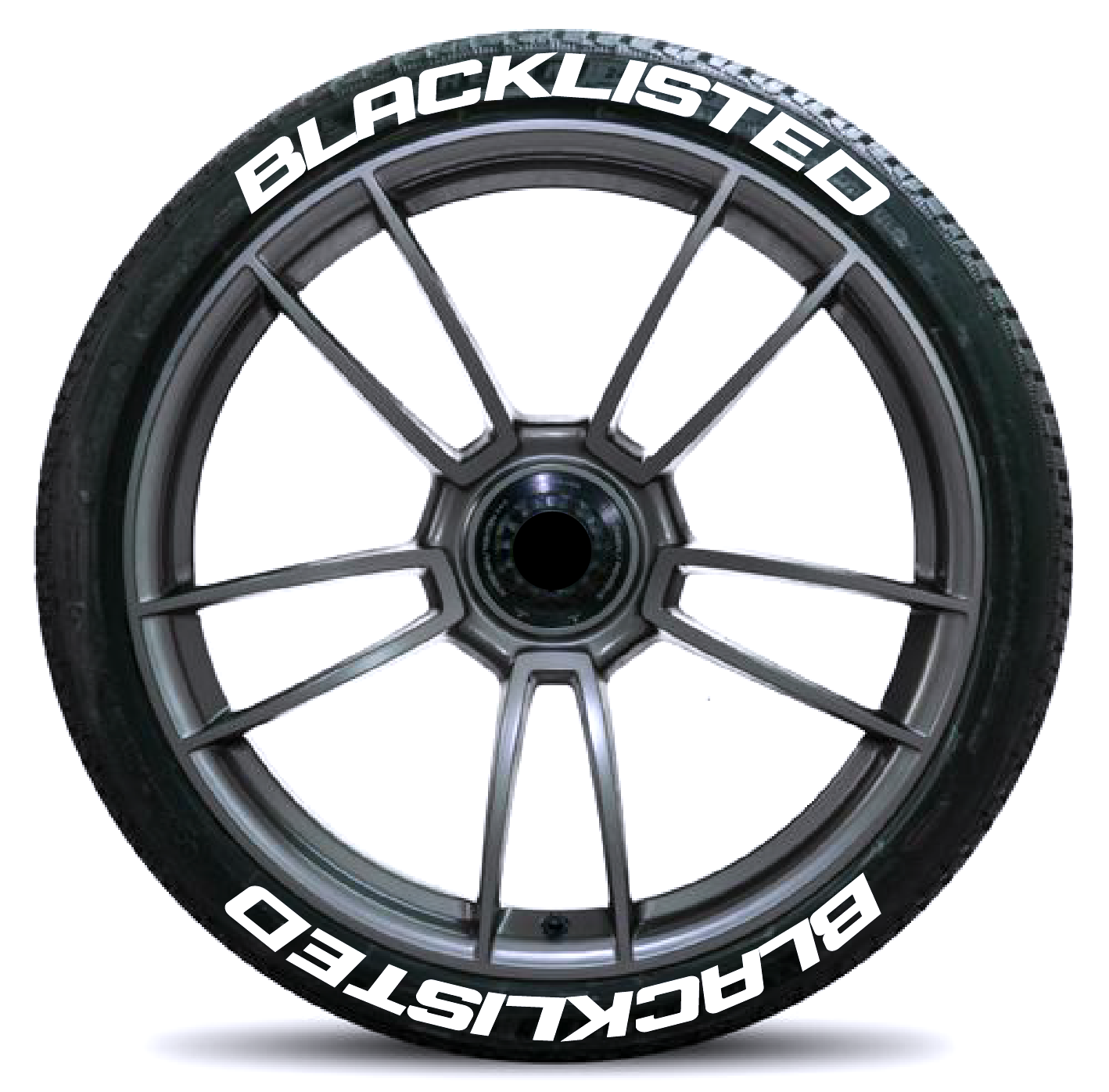 Blacklisted Car Tyre Stickers on a sleek alloy wheel for automotive customization