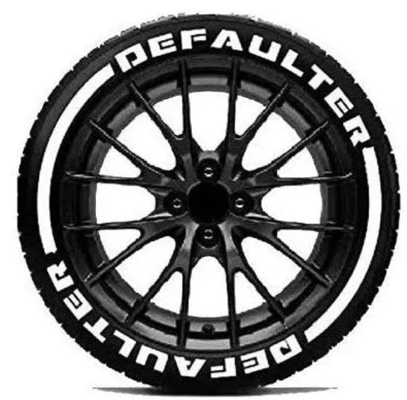 Motorik DEFAULTER tyre stickers on a black alloy wheel showcasing a sleek design