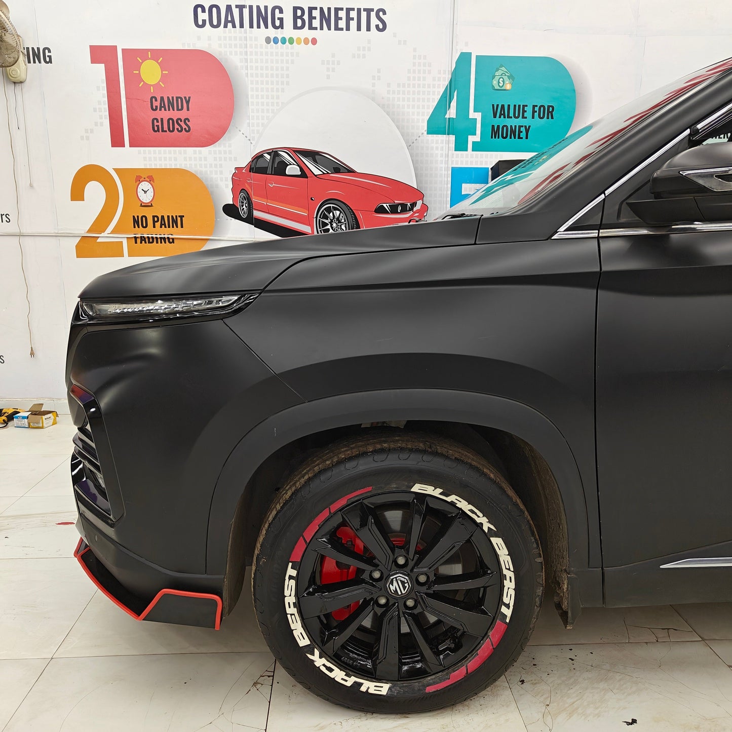 Front & side splitters for MG, enhancing the car's sporty design and aerodynamic performance with five pieces