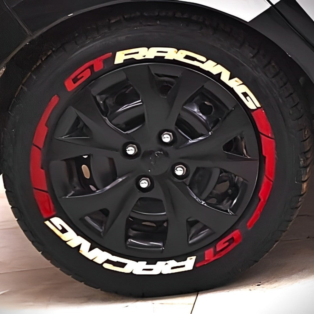 GT racing tire Stickers with Gun Strips on a sporty black alloy wheel for enhanced vehicle aesthetics