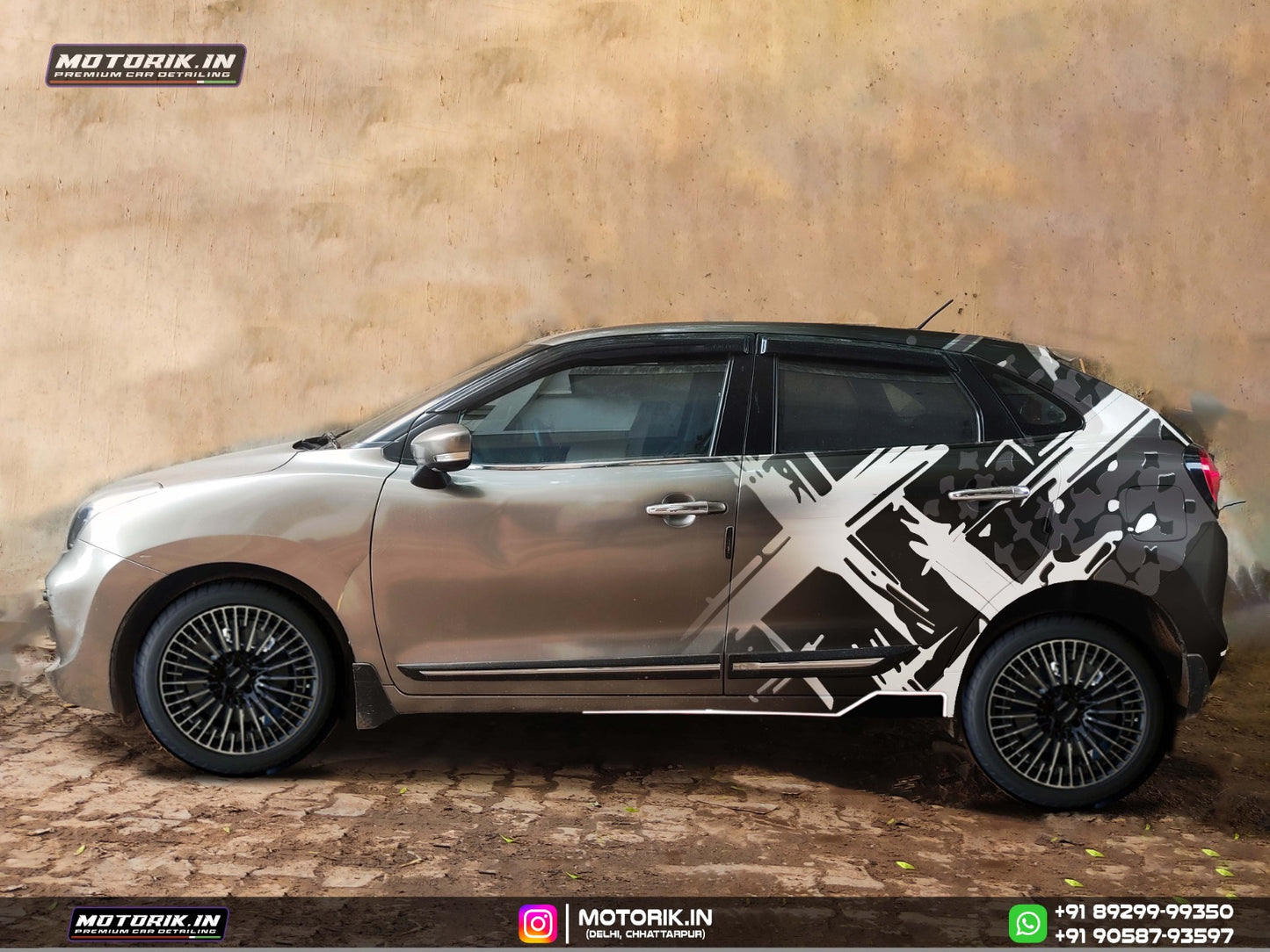 Motorik Multi-X graphics applied to a silver car, enhancing its unique exterior design