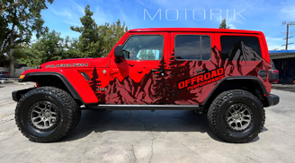 Motorik Detailing Red SUV Car Graphics featuring Offroad Design and Bold Mountain Graphics