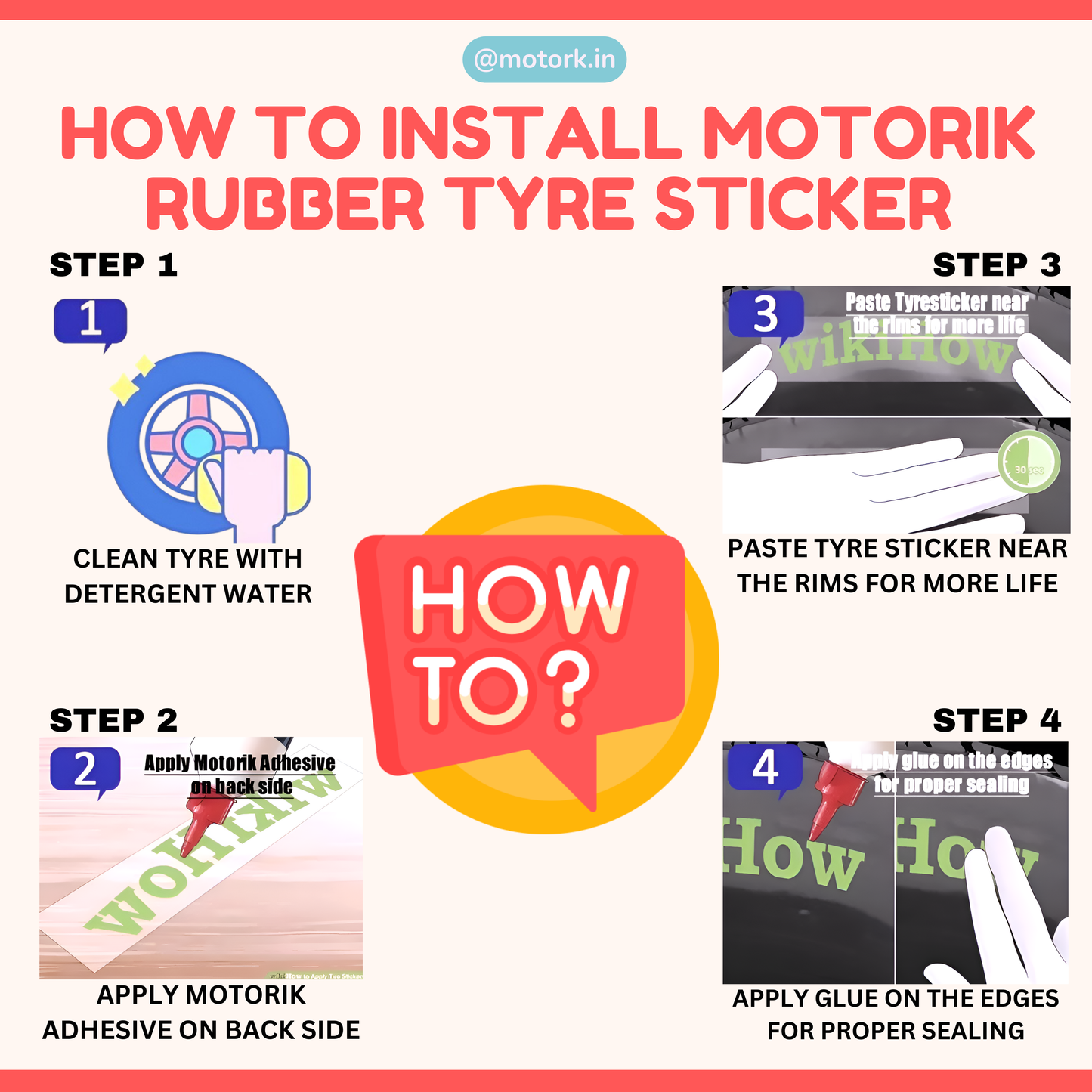 Instruction image for installing Motorik rubber tyre sticker with step-by-step guide and clear visuals
