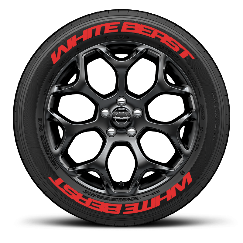 Stylish black alloy wheel with White Beast Tyre Stickers for an eye-catching automotive upgrade