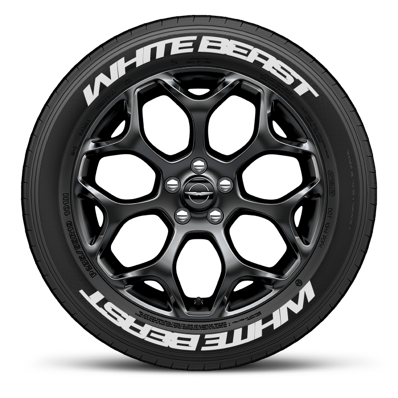 Black alloy wheel with White Beast Tyre Stickers for enhanced car styling