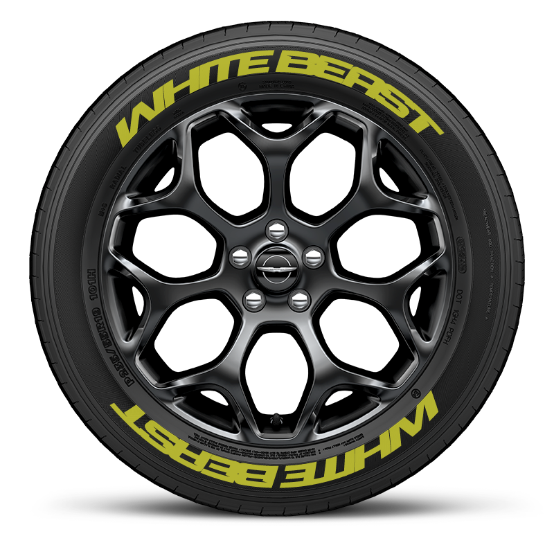 Black alloy wheel with White Beast Tyre Stickers for a stylish automotive look