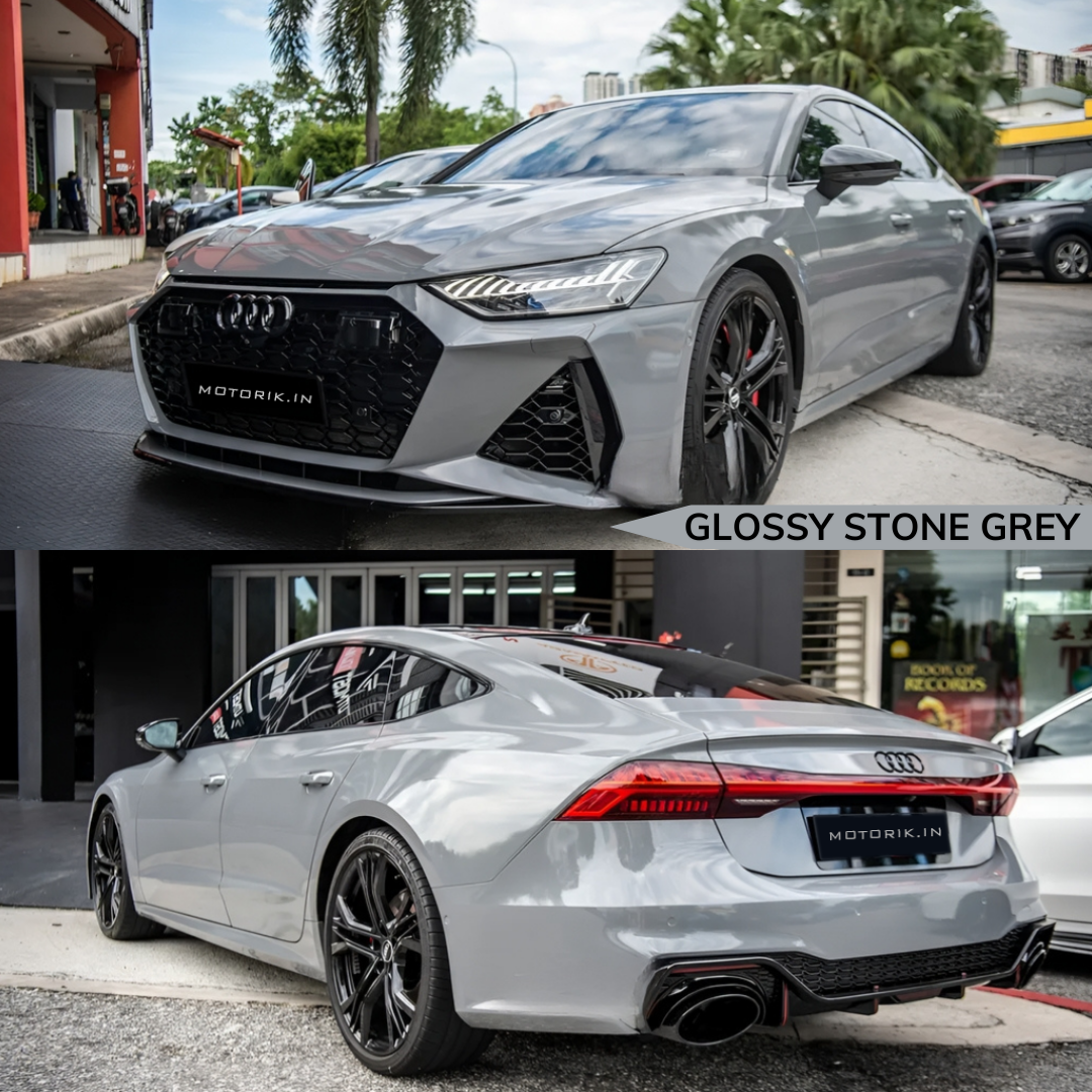 Glossy Stone Grey Premium Car Wrap for Luxury Vehicles showcasing an Audi with sleek design