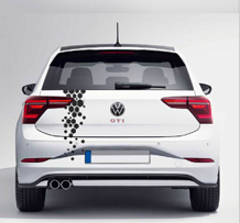 Rear diggi decals dotted design on a white Volkswagen GTI for stylish car customization
