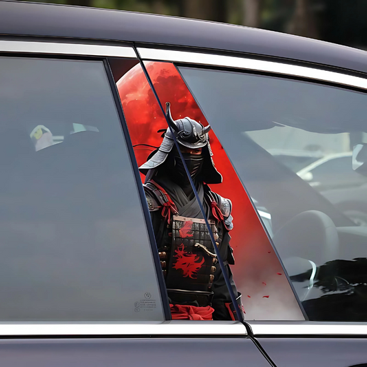 Red Samurai car graphics displayed on a sleek vehicle window for an eye-catching design