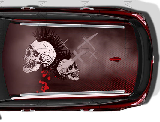Skull hunter car roof stickers featuring bold skull designs with spikes and red accents on a sleek car roof