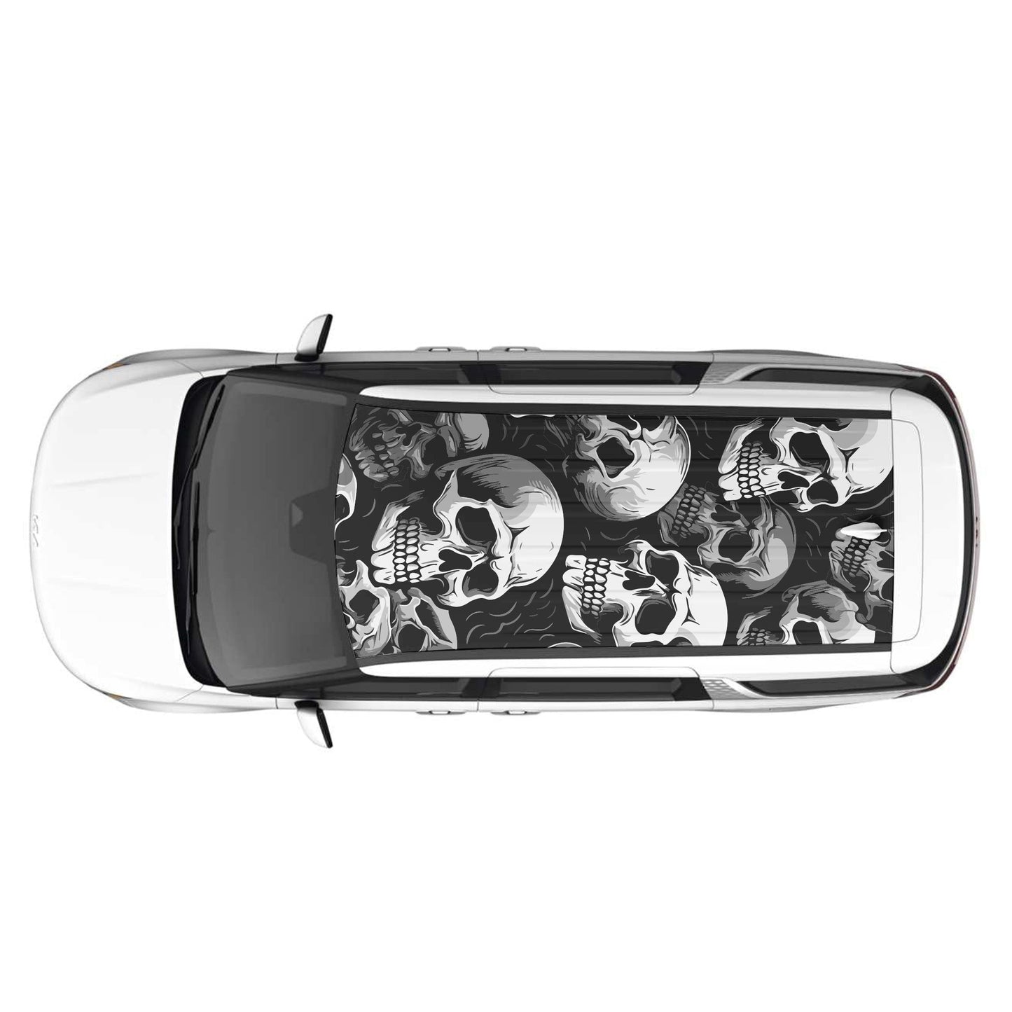 Skull roof graphics for cars featuring multiple detailed skull designs in black and white