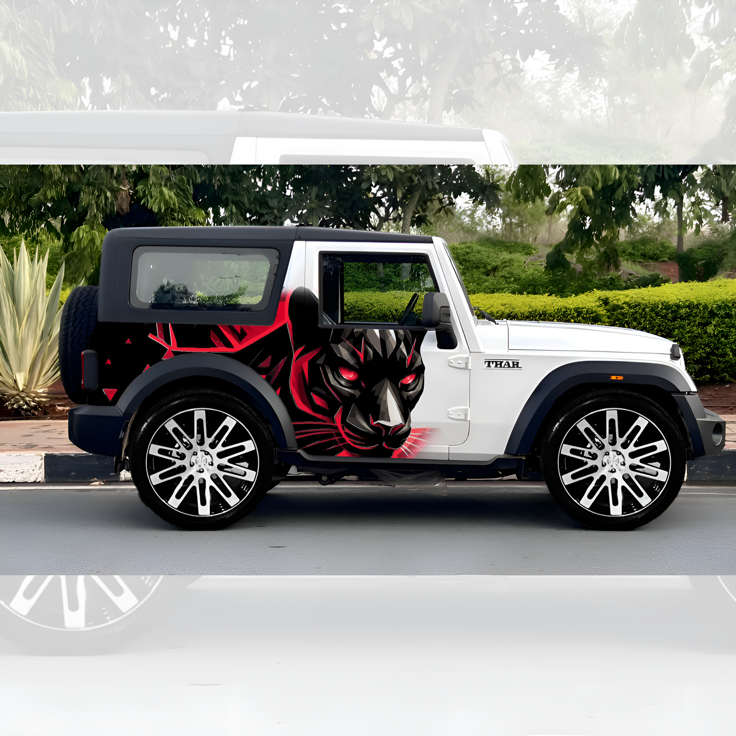 Stylish SUV side graphics red black Panther design on a white SUV vehicle