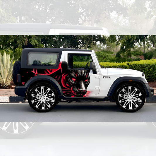 Stylish SUV side graphics red black Panther design on a white SUV vehicle