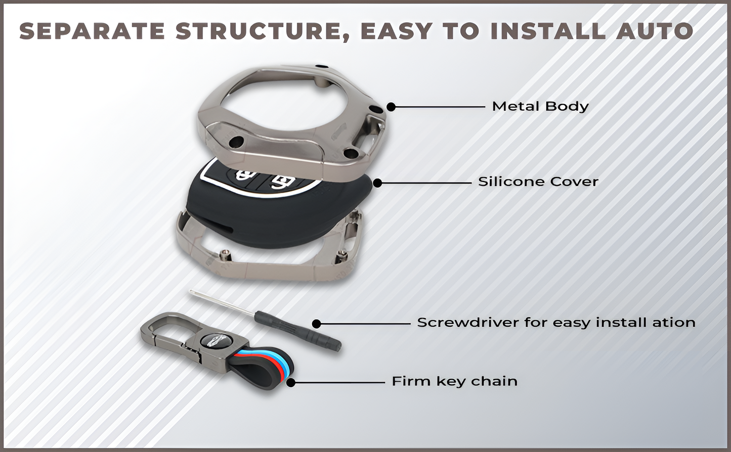 Suzuki key cover metal featuring a durable metal body, silicone cover, and included screwdriver for easy installation