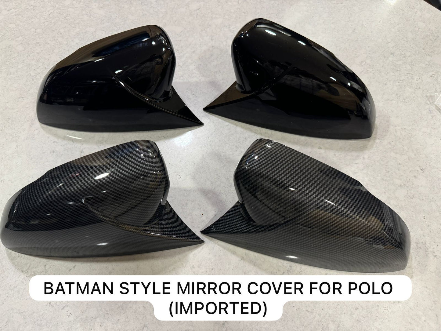 Batman Style Volkswagen Polo mirror cover in glossy and carbon fiber finish for enhanced vehicle aesthetics