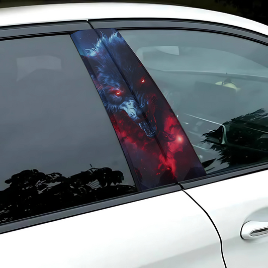 Wolf design car B-pillar graphics featuring a fierce wolf's face in striking colors