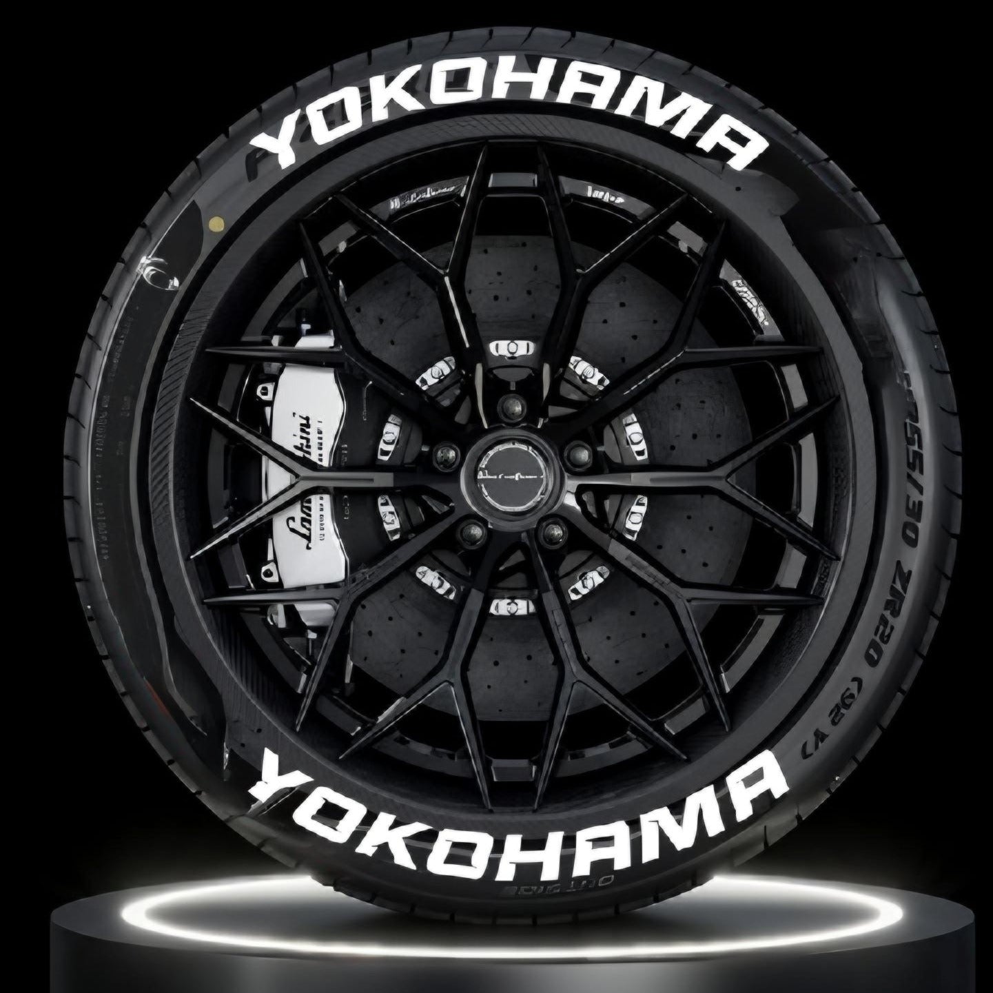 Yokohama tyre Stickers on a sleek black sports car wheel for enhanced aesthetics and style